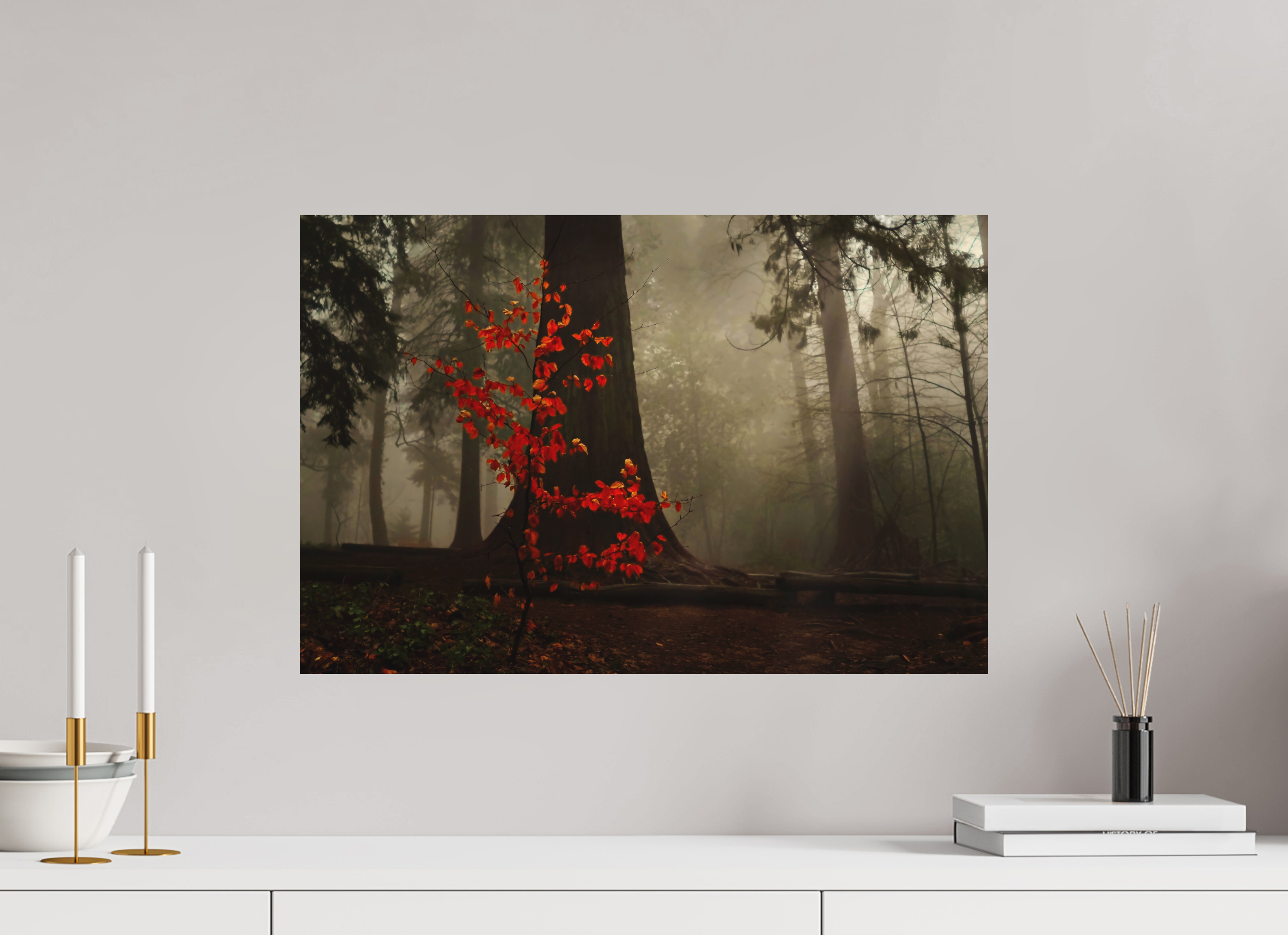 60 x 40 cm, Aluminum Dibond Red Tree in Mist – Atmospheric Fine Art Print