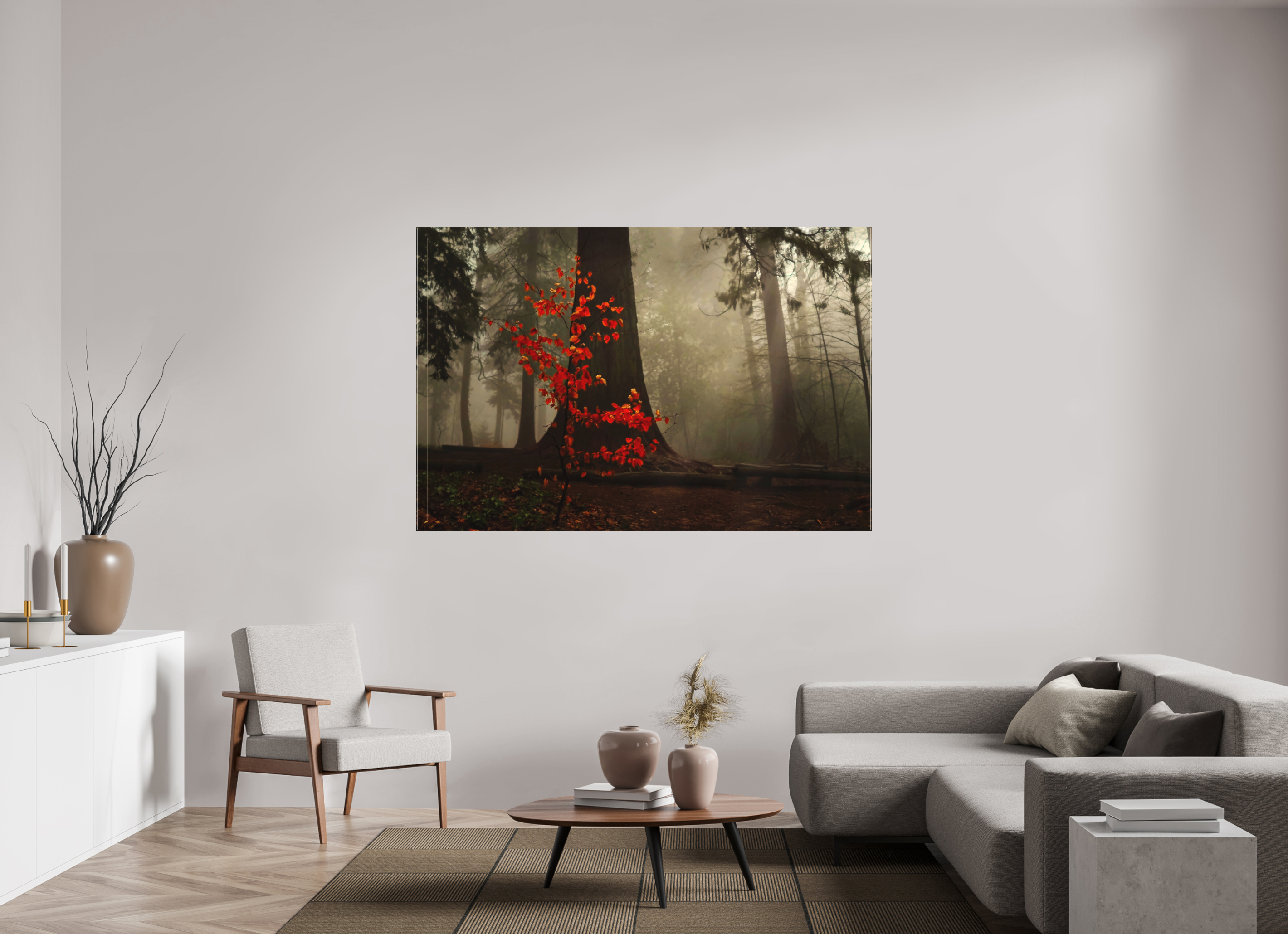 180 x 120 cm, Canvas Red Tree in Mist – Atmospheric Fine Art Print