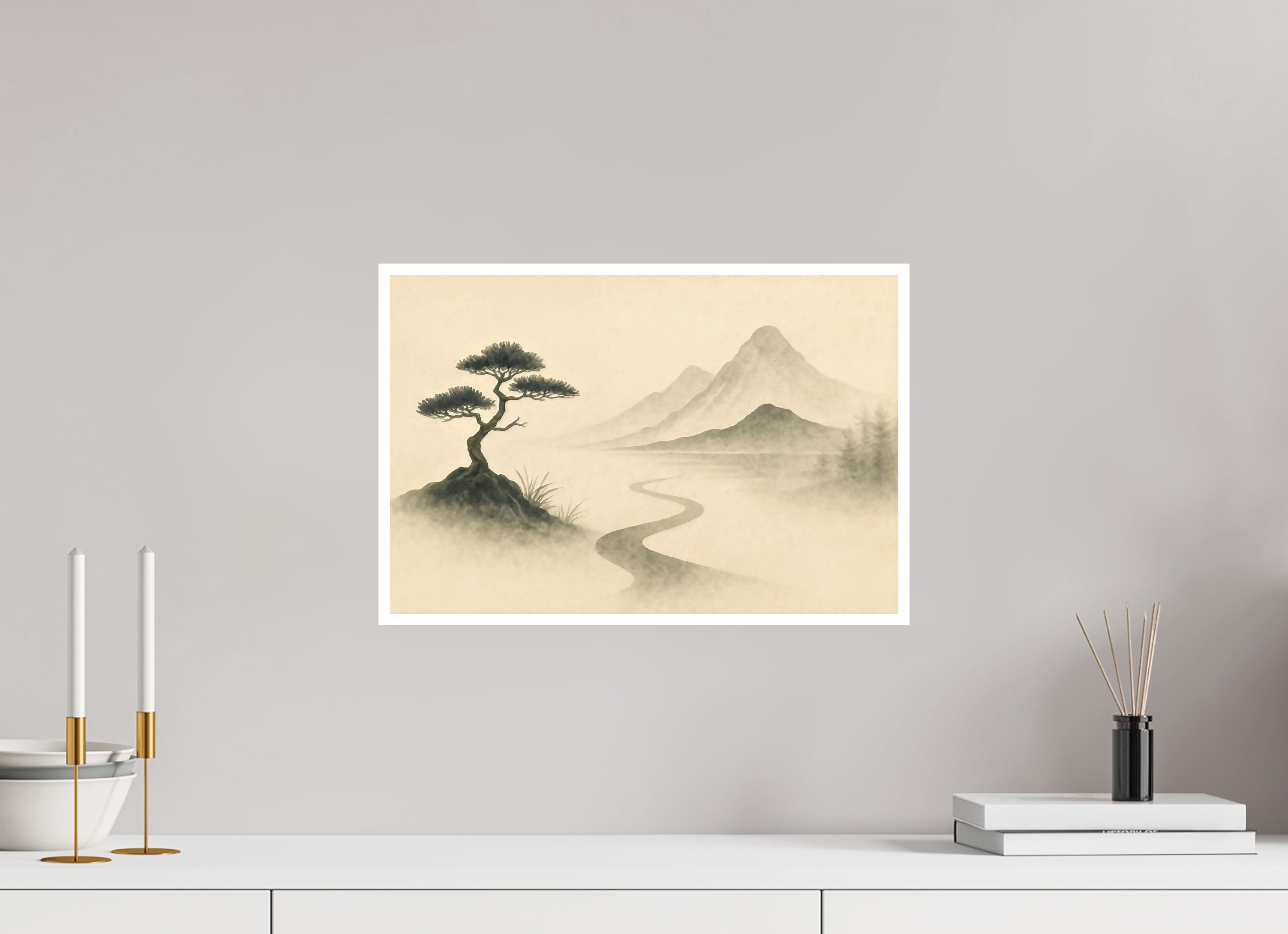 45 x 30 cm, Poster Solitary Tree – Path Into the Mist