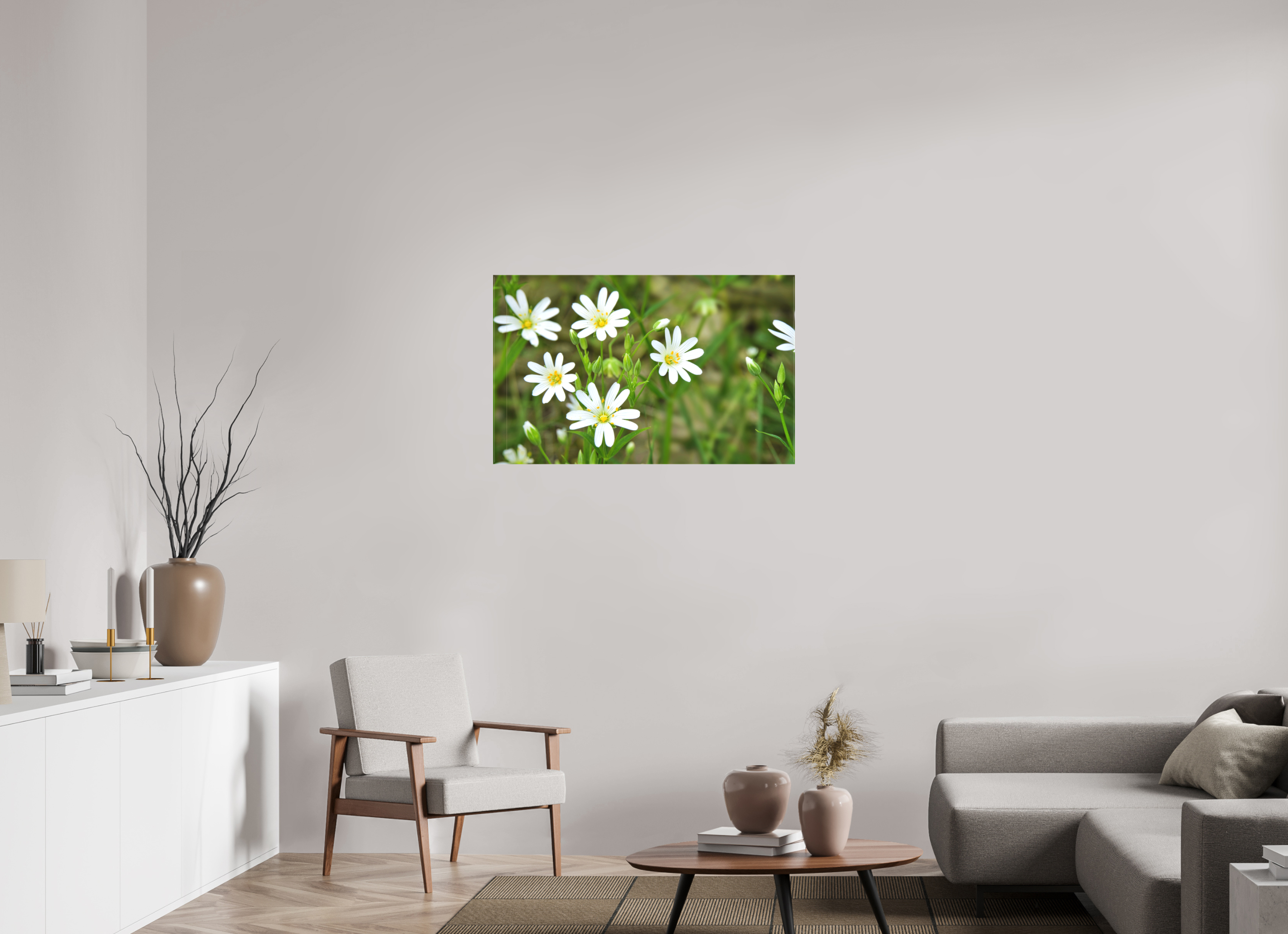96,4 x 60 cm, Canvas The Silence of the Stitchwort – Botanical Elegance in Soft Green