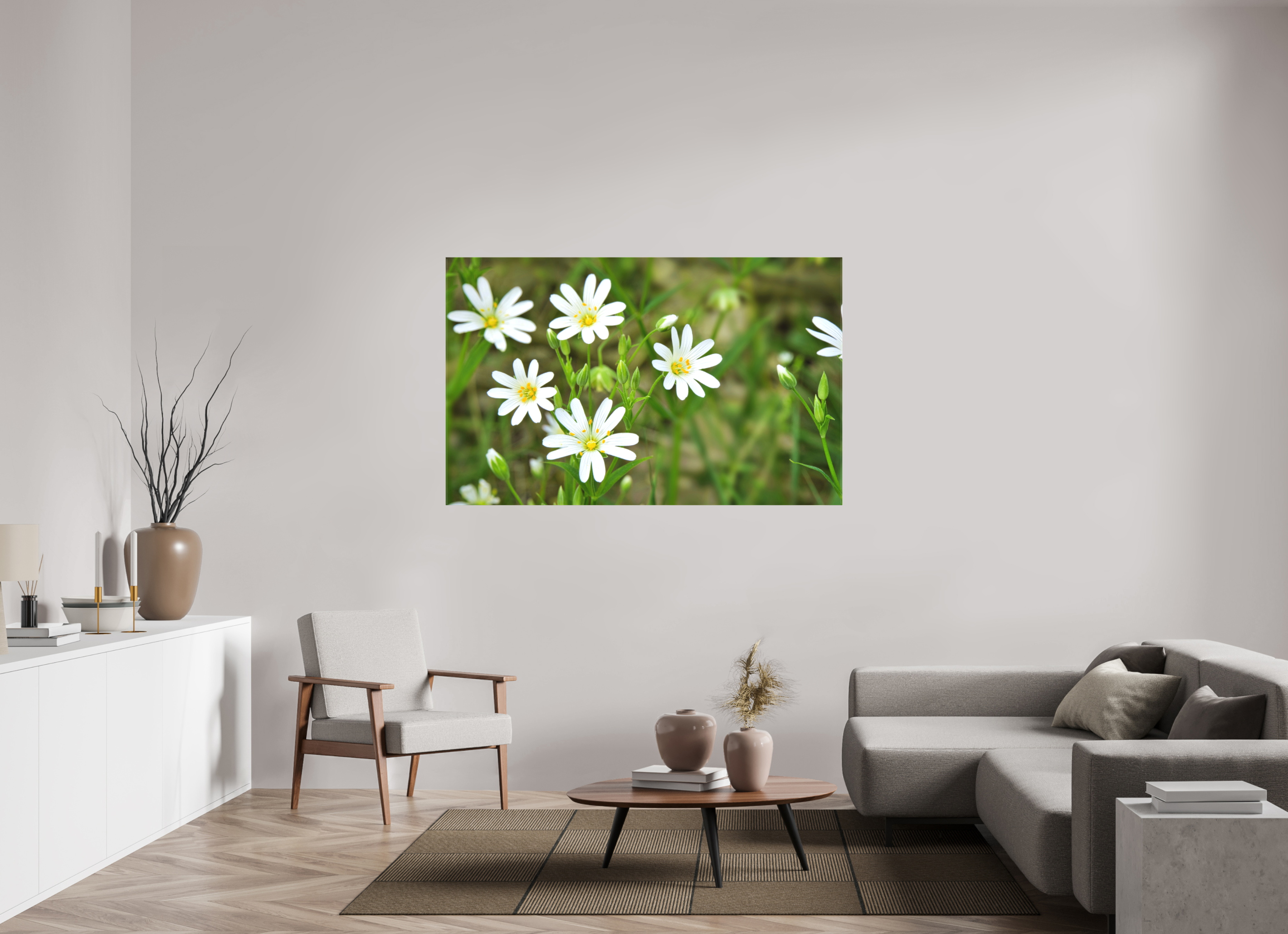 160,6 x 100 cm, Canvas The Silence of the Stitchwort – Botanical Elegance in Soft Green