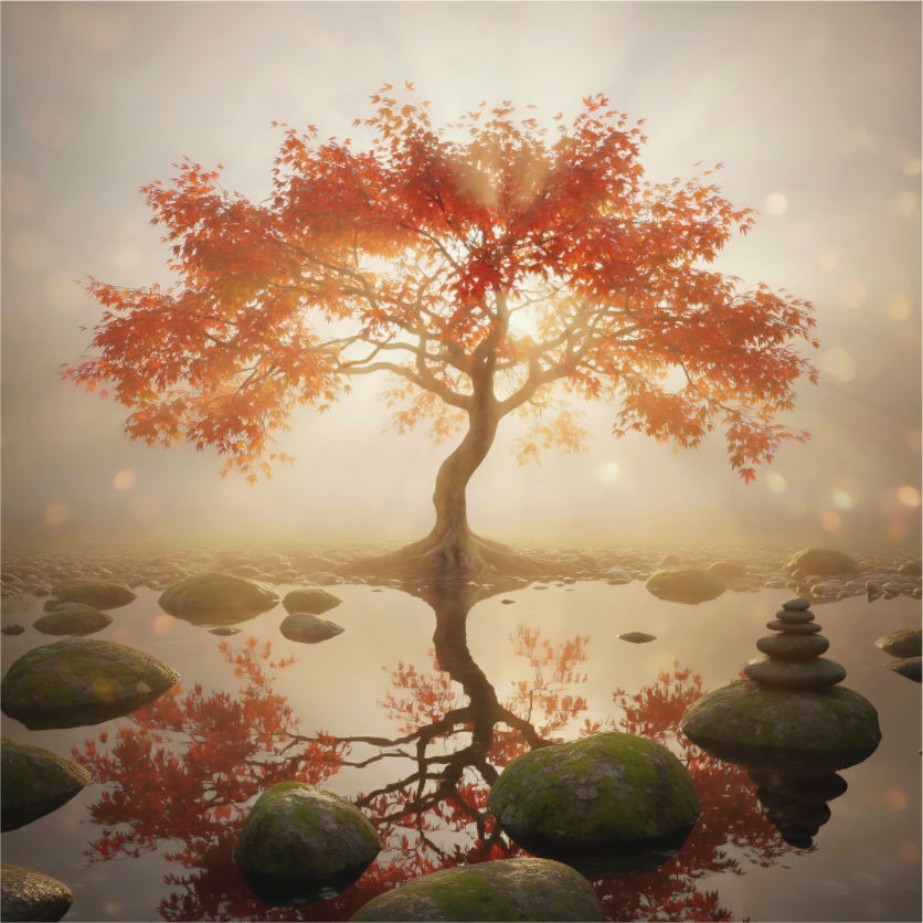 Main image Stillness Tree – Light Over Quiet Waters: Minimalist nature photography of a solitary tree by calm water under soft morning light, misty atmosphere, available as premium Alu-Dibond or Canvas wall art.